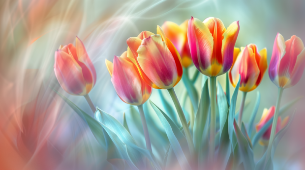 Red and yellow Tulips with pastel background.