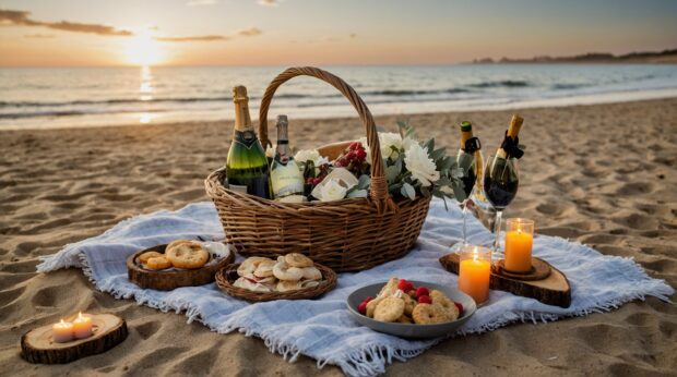 Romantic summer beach picnic with a blanket spread out on the sand, candles flickering, and a bottle of champagne chilling in a bucket.