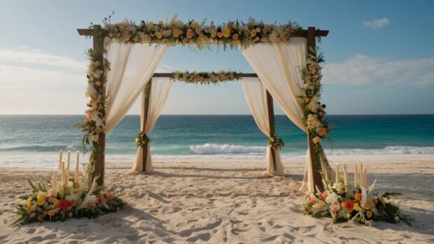 Romantic summer beach wedding with a canopy adorned with flowers, guests barefoot in the sand, and the ocean as a backdrop.