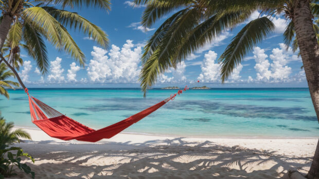 Serene 4K summer beach wallpaper of a hammock strung between two palm trees on a sandy beach.