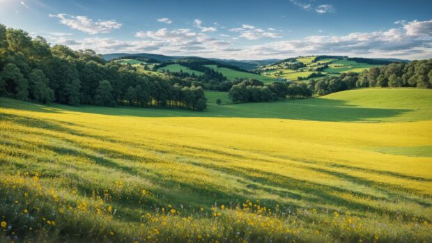 Serene Summer 8K Wallpaper of a peaceful countryside landscape with rolling hills and blooming wildflowers.
