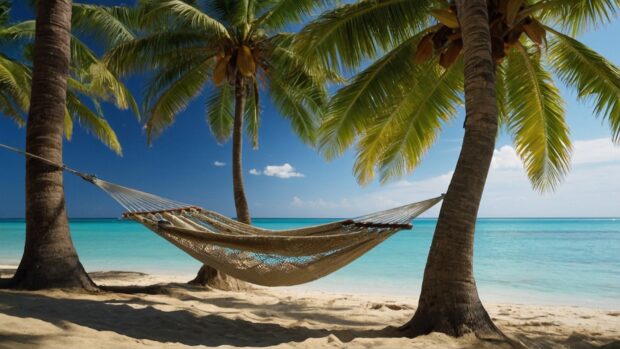 Serene beach desktop wallpaper with a hammock strung between palm trees, gently swaying in the breeze.