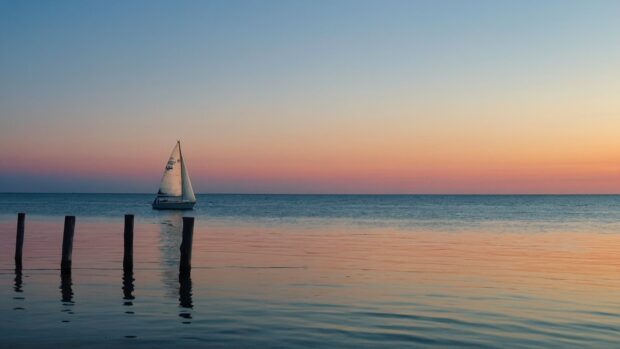 Serene beach summer wallpaper with a lone sailboat drifting on calm waters, framed by a pastel colored sunset.
