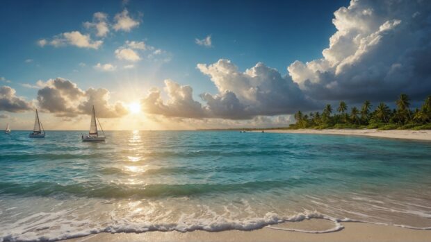 Serene desktop scene with a palm fringed beach, the sun peeking through fluffy white clouds, and sailboats dotting the horizon.
