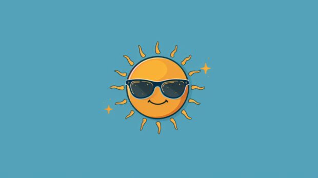 Simple flat logo design, sun with sunglasses on blue background.