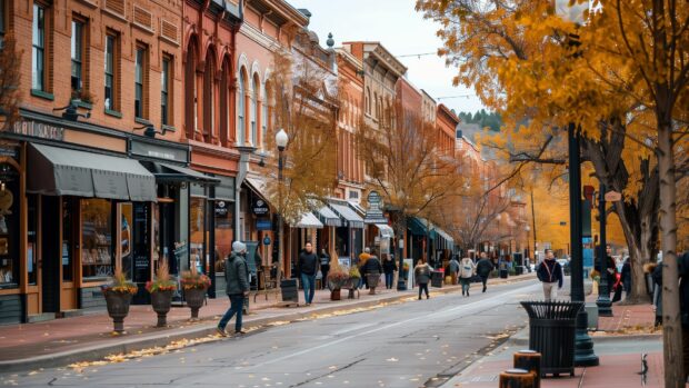 Small town in autumn, streets lined with trees in full fall colors, quaint shops and cafes,  beautiful fall photo.