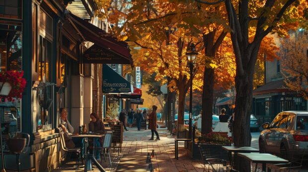 Small town in autumn, streets lined with trees in full fall colors, quaint shops and cafes, people wearing cozy clothes, warm and inviting.