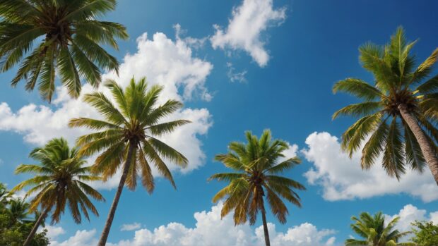 Summer 8K Desktop Wallpaper with palm trees swaying in the gentle breeze against a backdrop of blue skies and fluffy white clouds, evoking a sense of calm and relaxation.