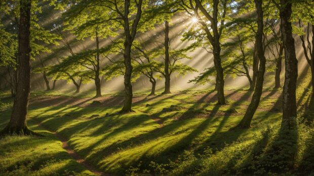 Summer 8K Wallpaper of a forest glade illuminated by sunlight filtering through the trees.