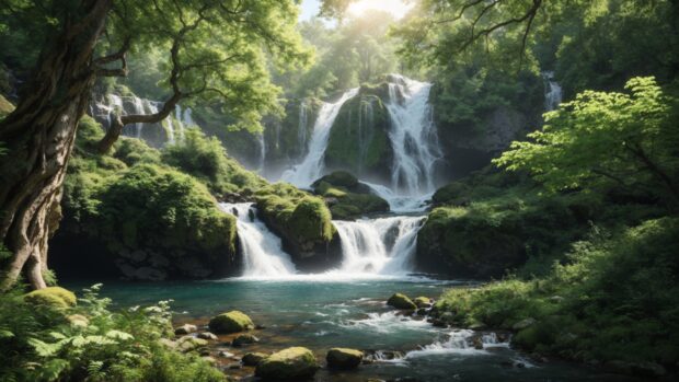 Summer Desktop wallpaper with a deep forest waterfall.