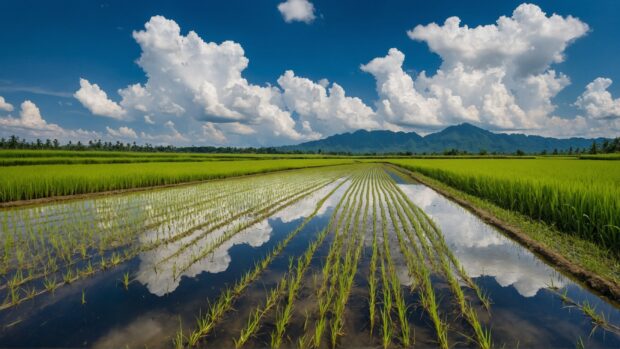 Summer wallpaper HD for Windows with rice fields and white clouds.