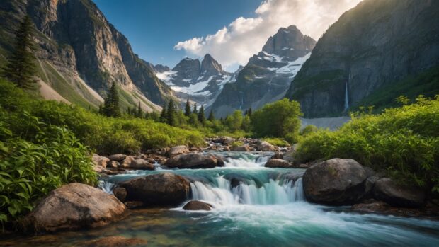 Summer wallpaper with mountain and waterfall for Desktop Background.