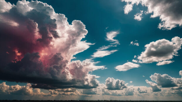 Surreal summer sky wallpaper with a surreal blend of colors and fantastical cloud formations.