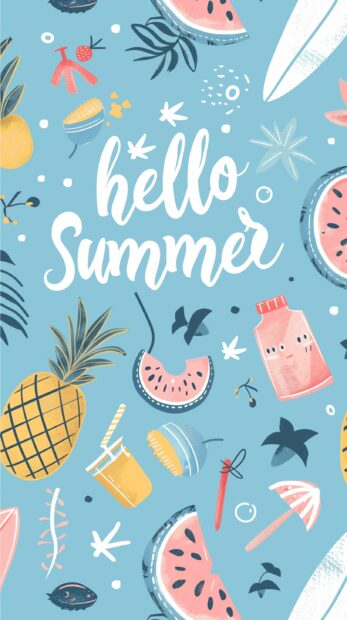 The pattern of summer elements such as watermelon, palm trees and pineapples is scattered across the background with text hello Summer written in the style of pastel colors.