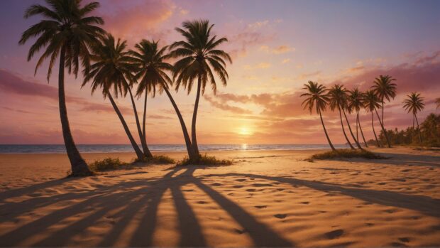 Tranquil desktop scene with palm trees casting long shadows on the sand as the sun sets behind them, painting the sky in warm hues of orange and pink.