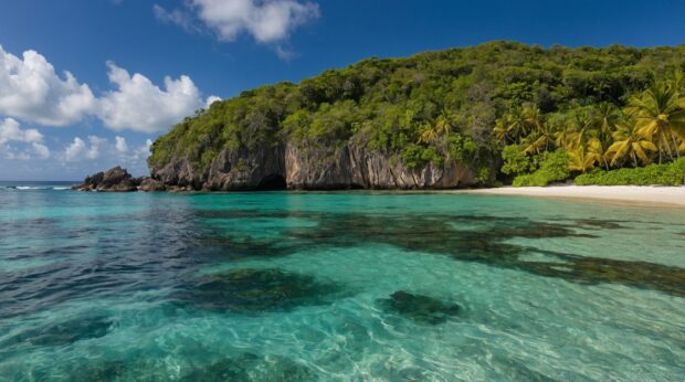Tropical island summer beach image with lush greenery, hidden coves, and the sound of waves crashing against rocky cliffs.