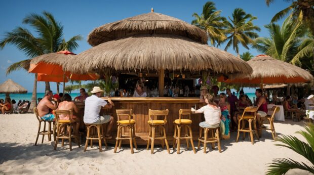Tropical summe beach bar with palm thatched umbrellas, fruity cocktails, and live music playing in the background.