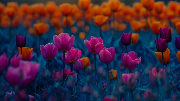 Tulip flower field, contrasting color to make the flowers pop.