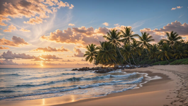 Vibrant 4K summer beach wallpaper capturing the essence of summer with a golden sunset over a tropical beach.