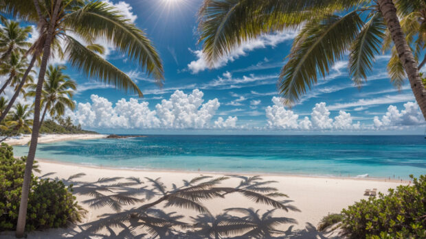 Vibrant 4K summer beach wallpaper of a sun drenched beach with palm trees swaying gently in the breeze.