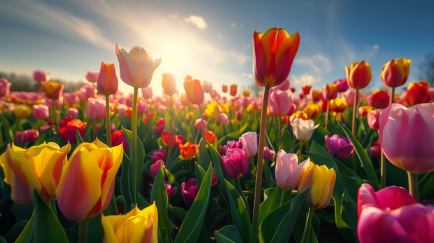 Vibrant field of Tulips flowers wallpaper HD free download.