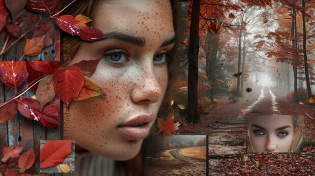 Vibrant red, orange, and yellow leaves, cozy autumn scenes, serene landscapes, and nostalgic moments.