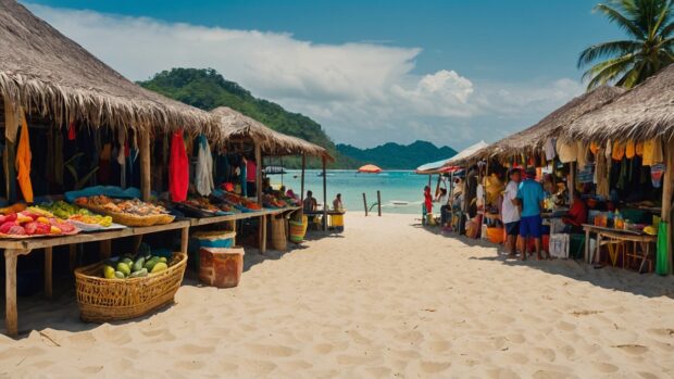Vibrant summer beach market with stalls selling handmade crafts, fresh seafood, and tropical fruits.