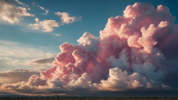 Whimsical summer sky wallpaper with cotton candy clouds and a light, airy atmosphere.
