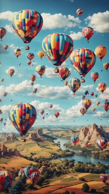 Whimsical summer wallpaper with colorful hot air balloon.