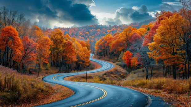 Winding road through a forest with autumn colors.
